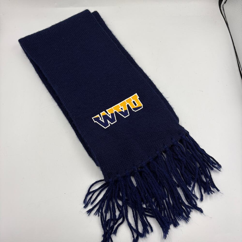 WVU West Virginia Mountaineers Navy Knit Scarf Embroidered Logo Fringe